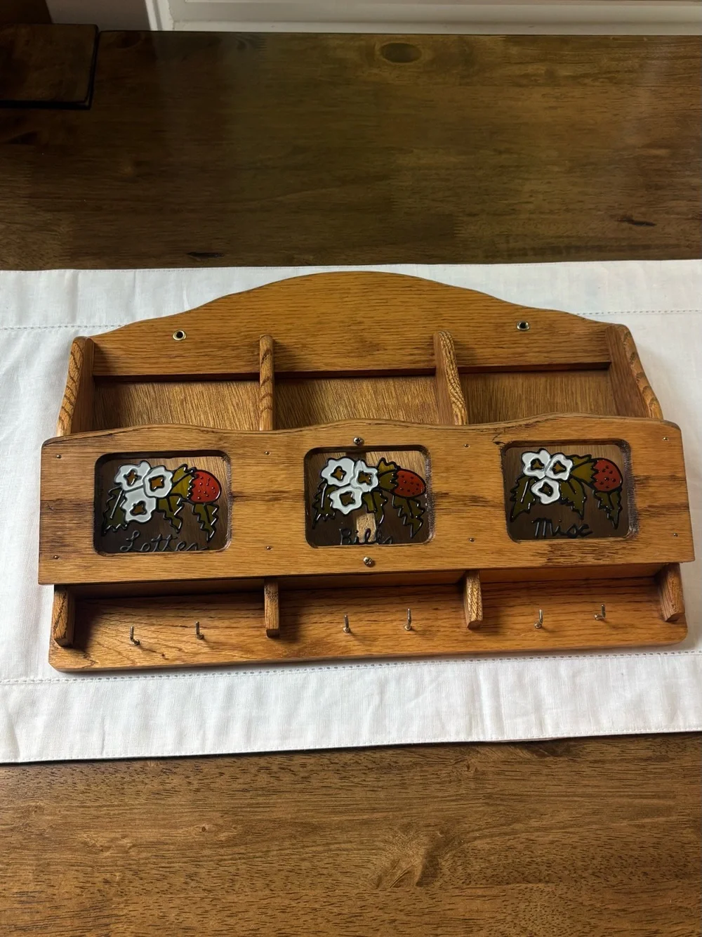 Vintage Wooden Wall Mail & Key Hanger with Strawberry Window Accents Cottagecore